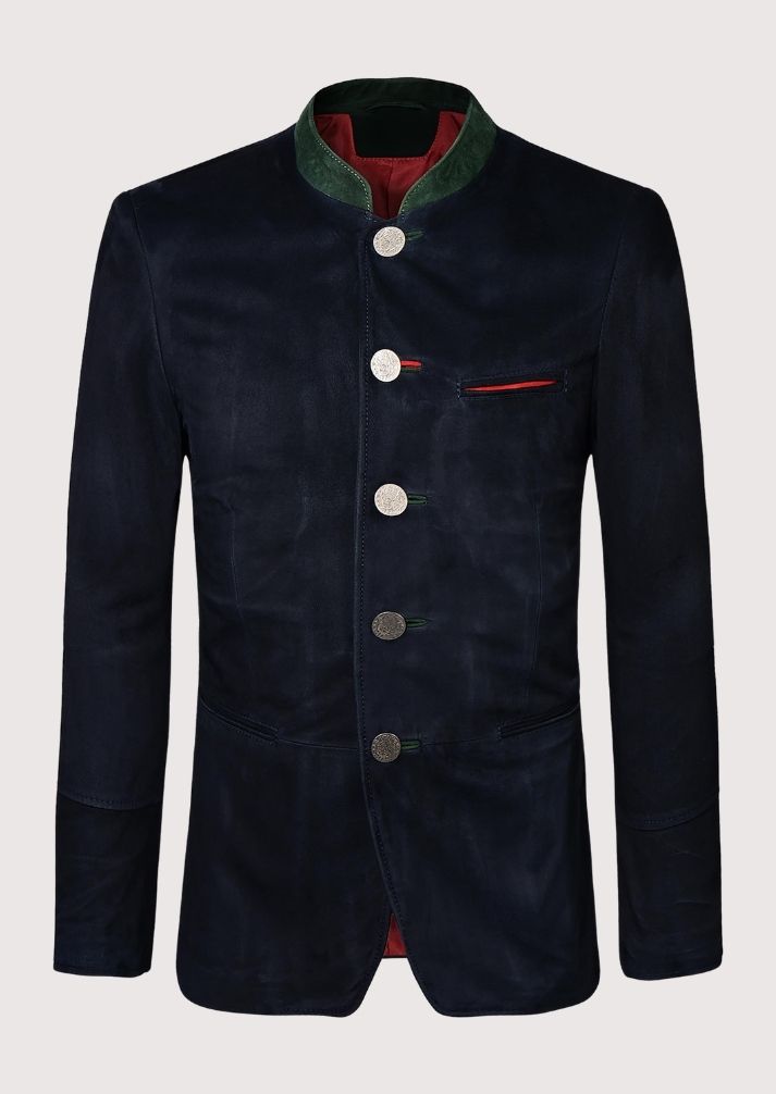 Authentic Trachten Jacket for men in navy with green collar and silver-tone buttons, ideal for Oktoberfest and Bavarian cultural events.