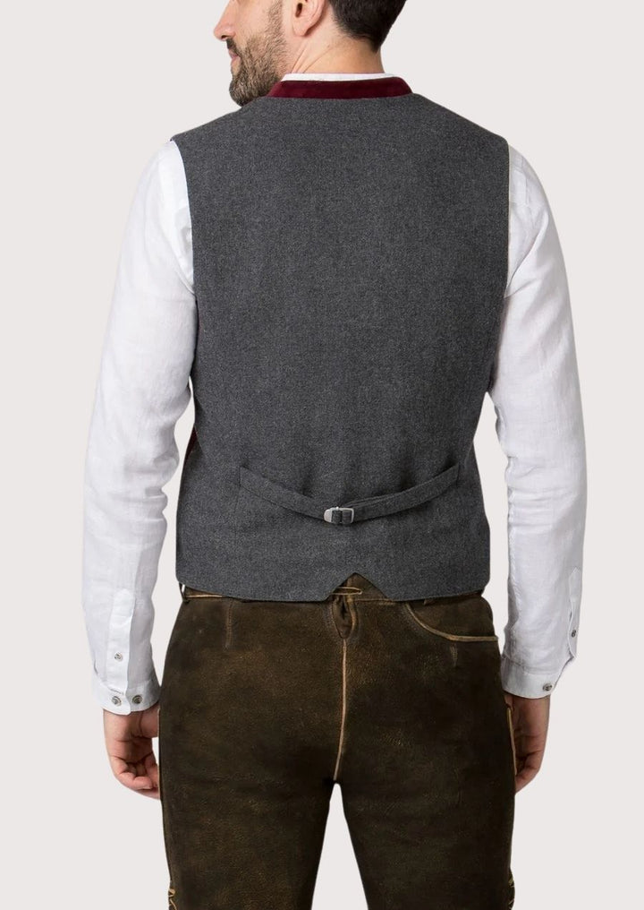 Burgundy velvet Bavarian vest with grey detailing, perfect for Oktoberfest and traditional cultural events.