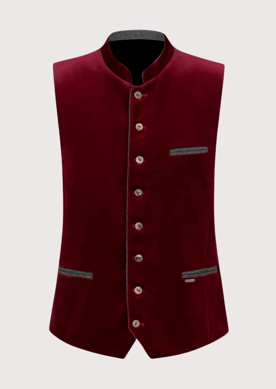 Authentic Trachten Vest in burgundy velvet, perfect for Oktoberfest, cultural events, and traditional Bavarian attire.