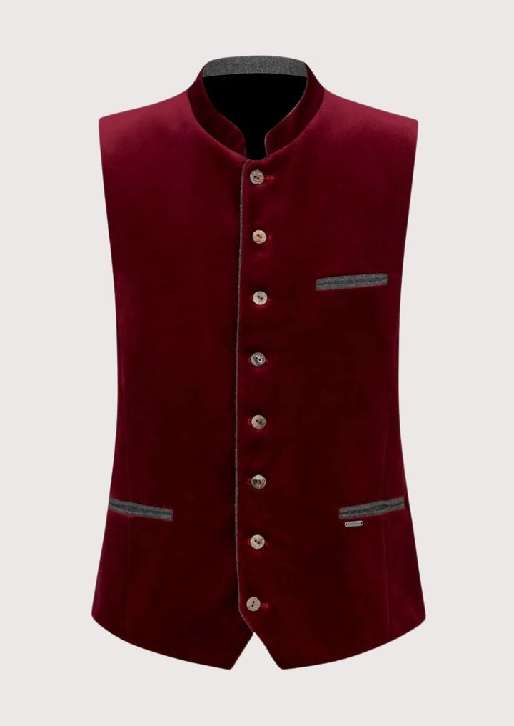 Authentic Trachten Vest in burgundy velvet, perfect for Oktoberfest, cultural events, and traditional Bavarian attire.