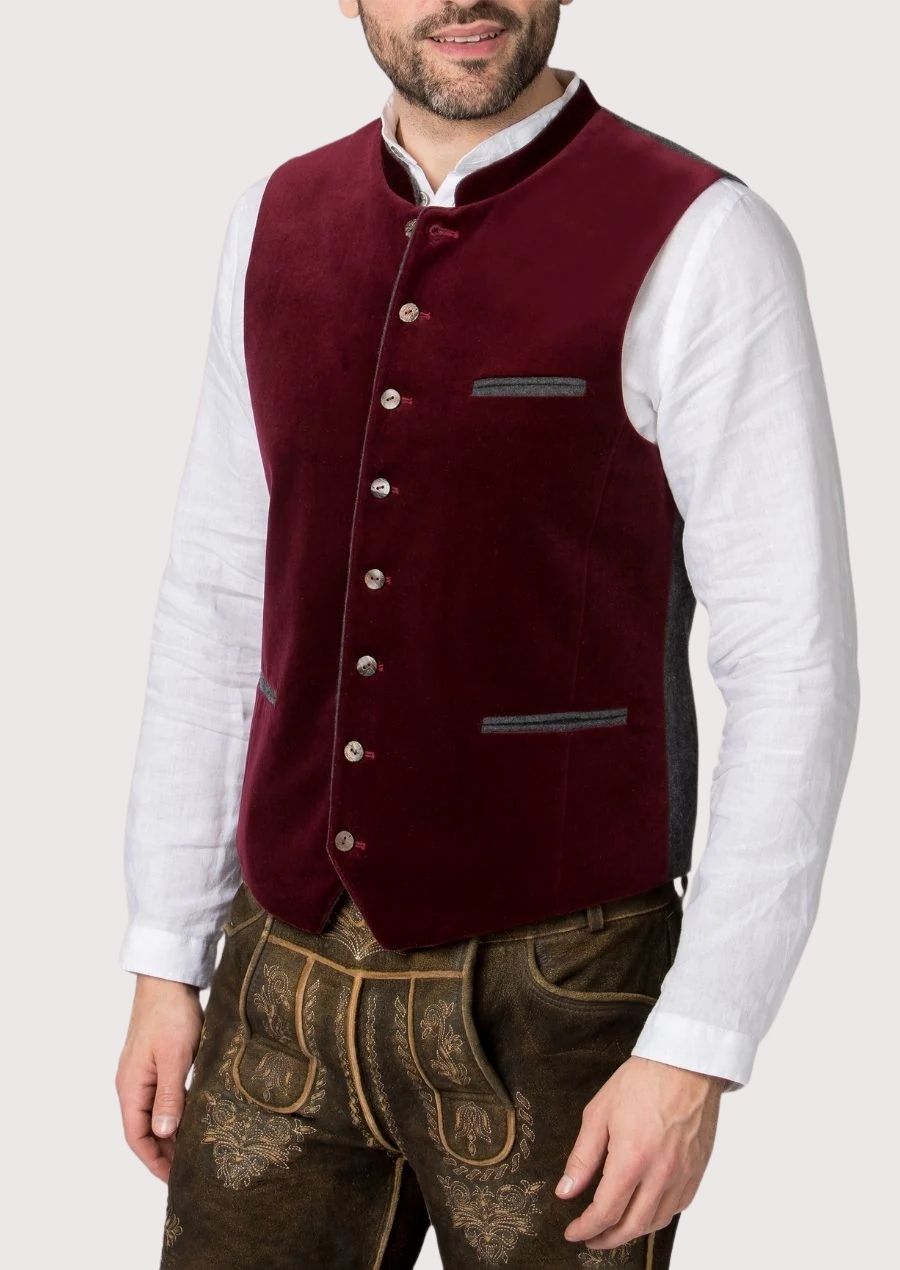 Men’s Trachten Vest with velvet fabric and grey accents, ideal for Oktoberfest celebrations and formal gatherings.