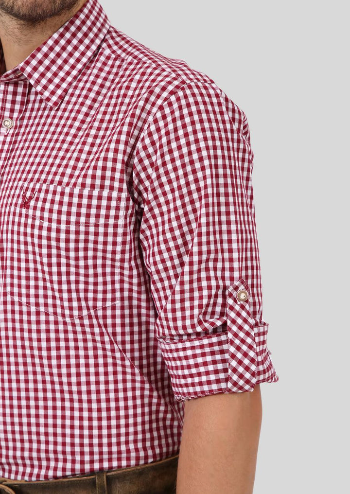 Slim Fit Perfection: Men's Dark Red Checked Shirt (Modern Bavarian): Combines the color with a modern slim fit and a twist on the classic Bavarian look.