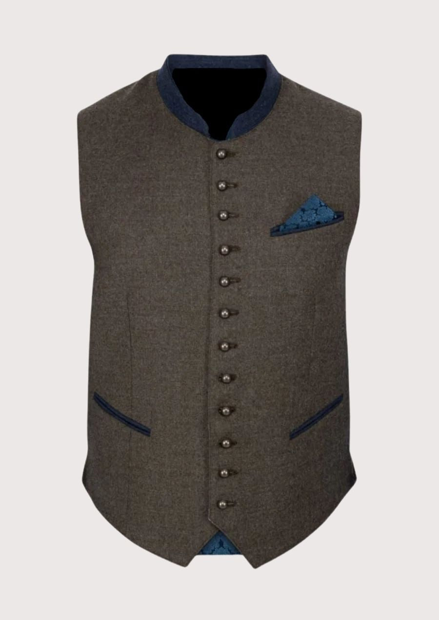 Bavarian Festival Vest with wool blend fabric and blue detailing, perfect for Oktoberfest and fall cultural events.