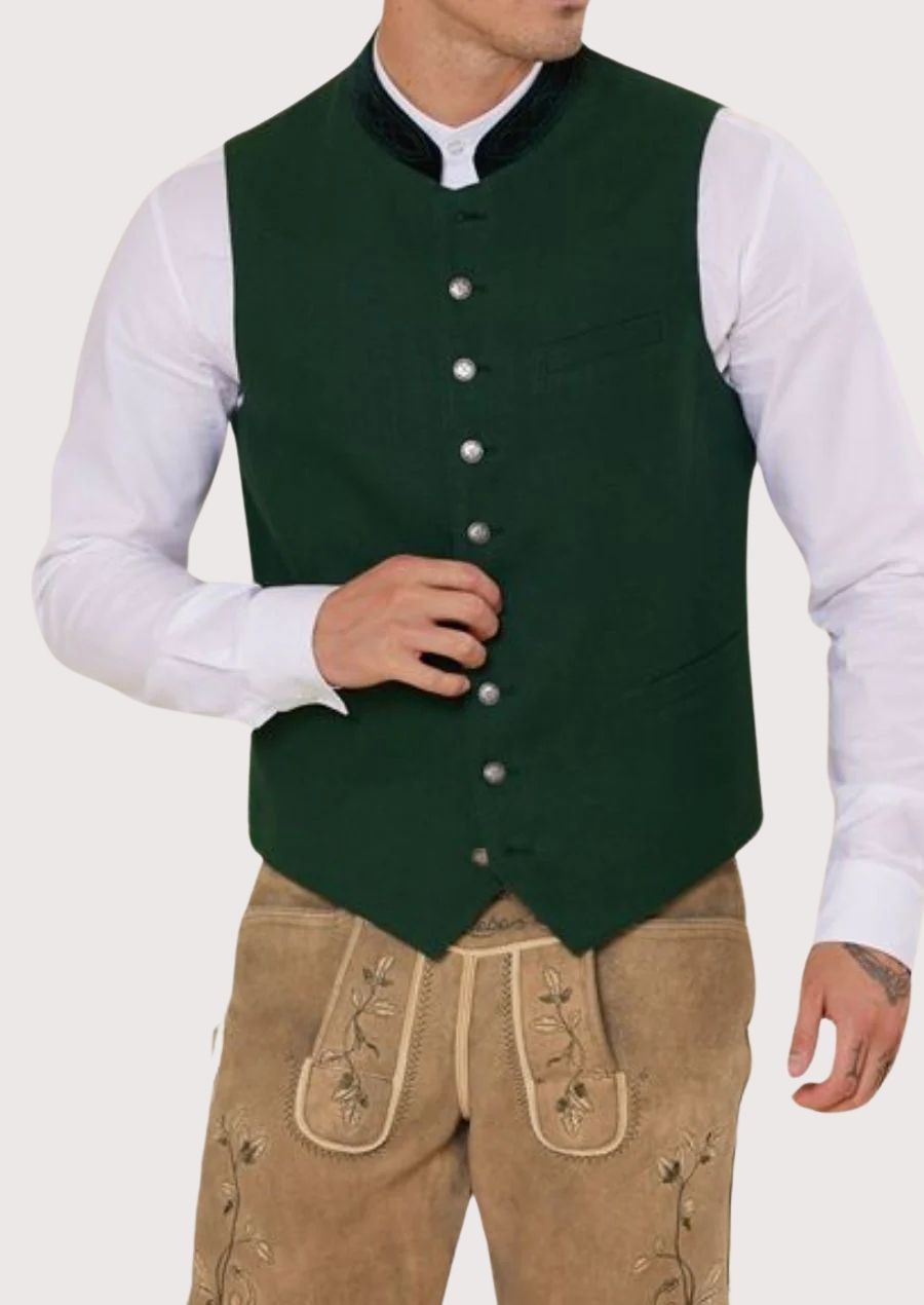 Oktoberfest-ready Bavarian vest featuring a slim fit and elegant button accents, perfect for traditional events.