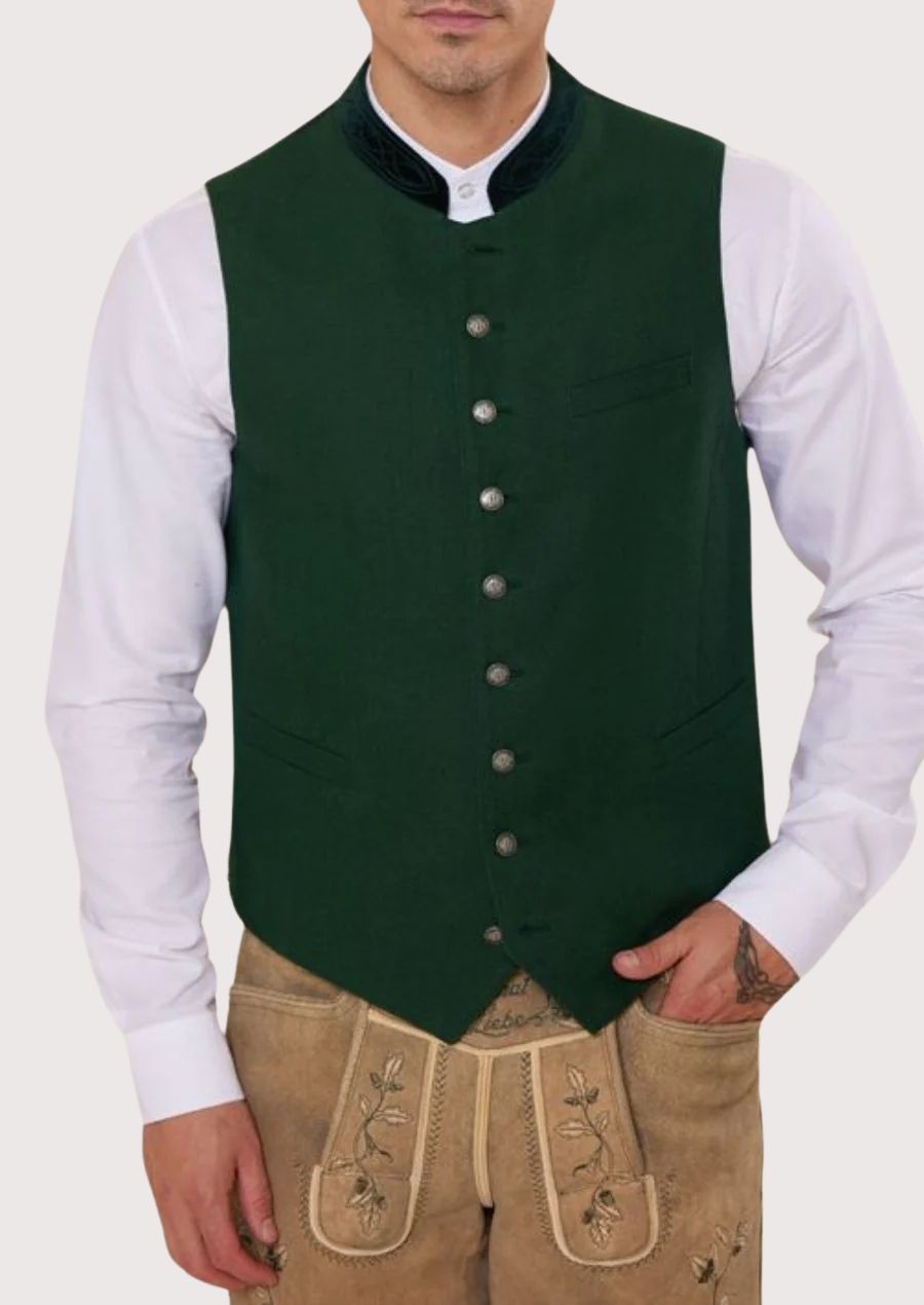 Men's Bavarian vest with a tailored fit and rich green color, ideal for Oktoberfest celebrations and cultural gatherings.