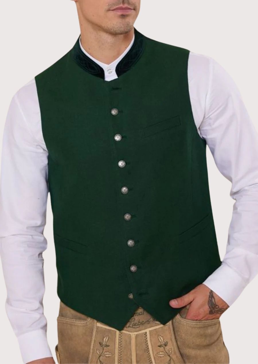 Bavarian Gentleman’s Vest – premium green fabric with detailed black trim and metal buttons, ideal for cultural and formal occasions.