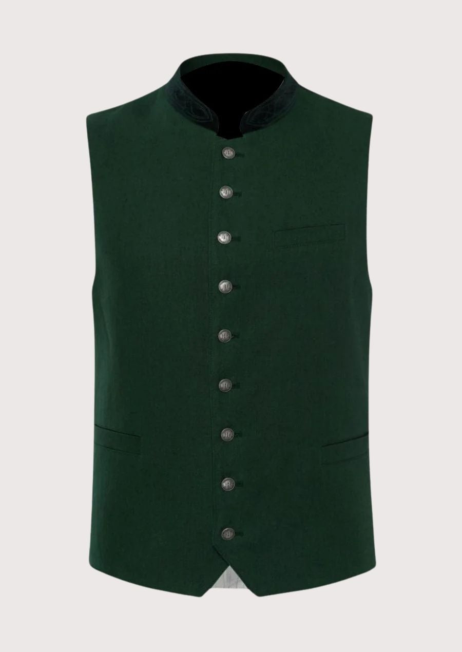 Bavarian Gentleman’s Vest in green with black collar trimming and metal buttons, perfect for Oktoberfest and formal events.