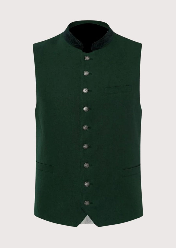 Bavarian Gentleman’s Vest in green with black collar trimming and metal buttons, perfect for Oktoberfest and formal events.