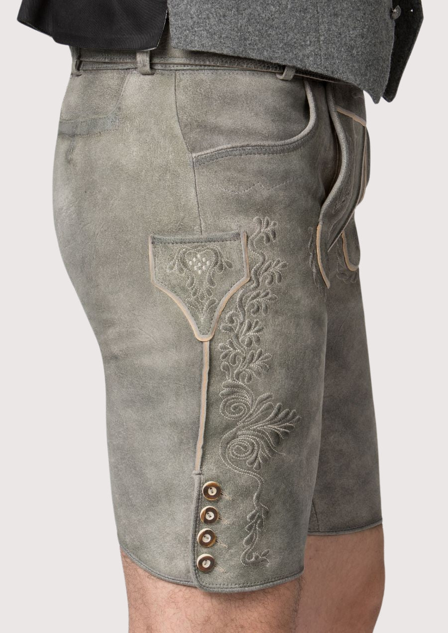 Alpine grey lederhosen classic German leather shorts with fine stitching