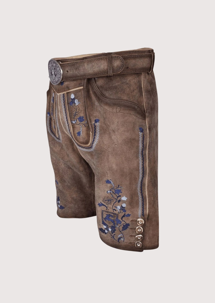 Brown Bavarian leather lederhosen shorts with belt
