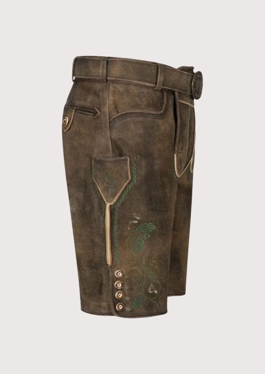 Traditional German lederhosen with stag-buckle belt design
