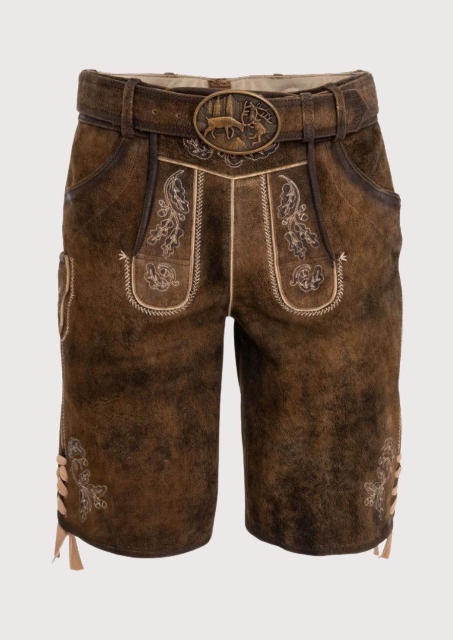 Bavarian Lederhosen for Men with traditional oak leaf embroidery and suede finish