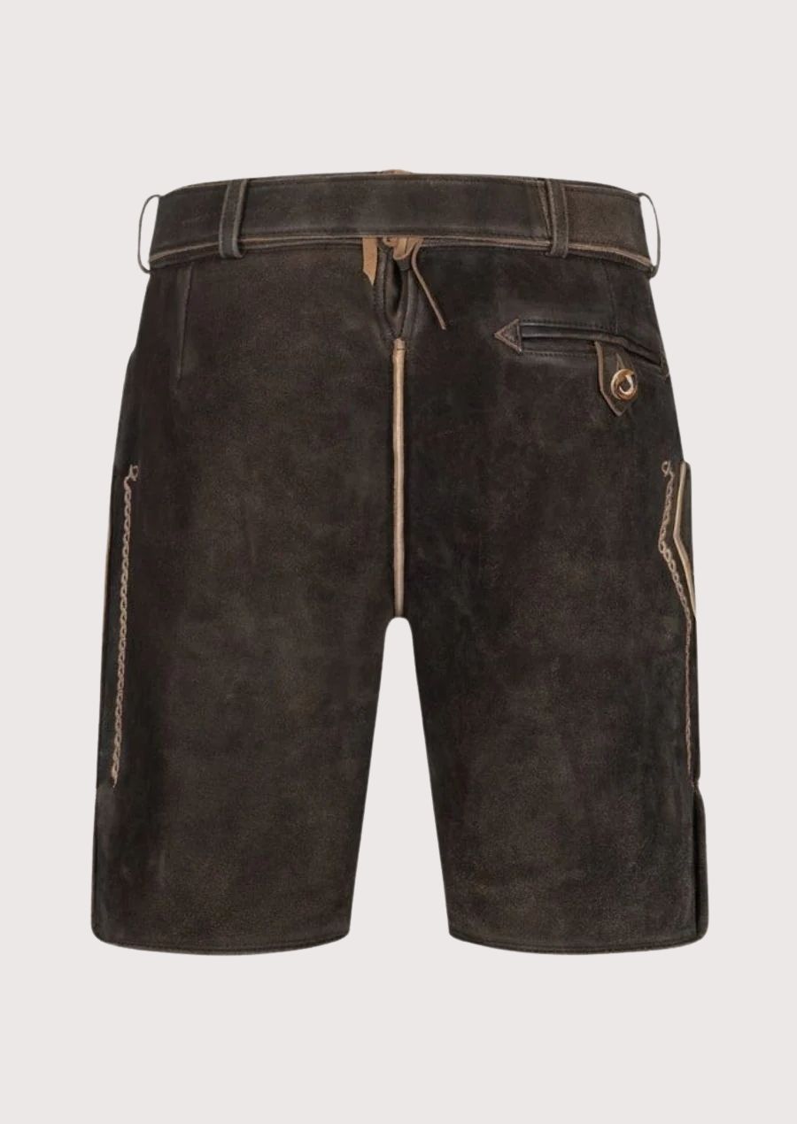 Elegant Bavarian lederhosen for men – high-quality leather shorts with rustic embroidery, ideal for weddings, folk events, and festivals.
