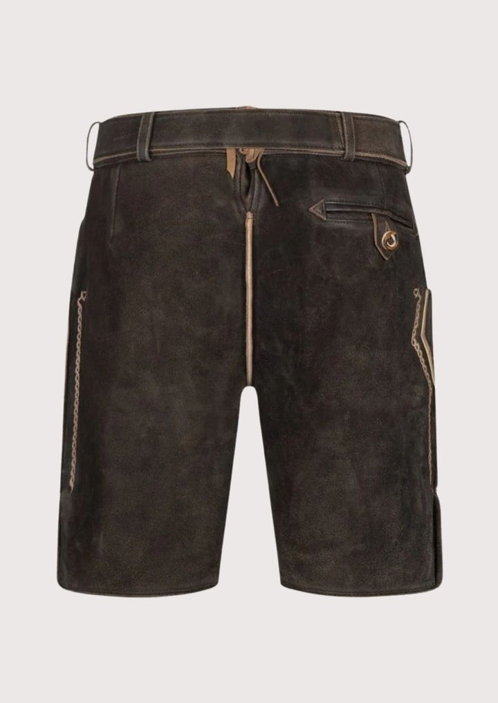 Elegant Bavarian lederhosen for men – high-quality leather shorts with rustic embroidery, ideal for weddings, folk events, and festivals.