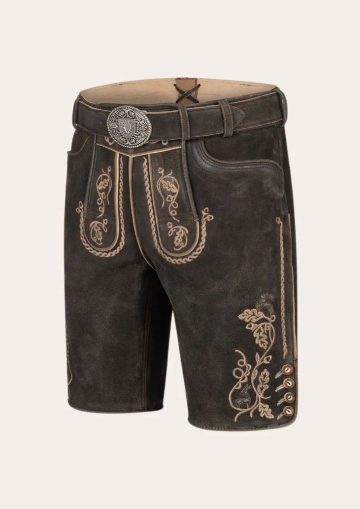 Men’s traditional Bavarian leather shorts with ornate detailing and side buttons – premium fit for cultural celebrations and beer fests.