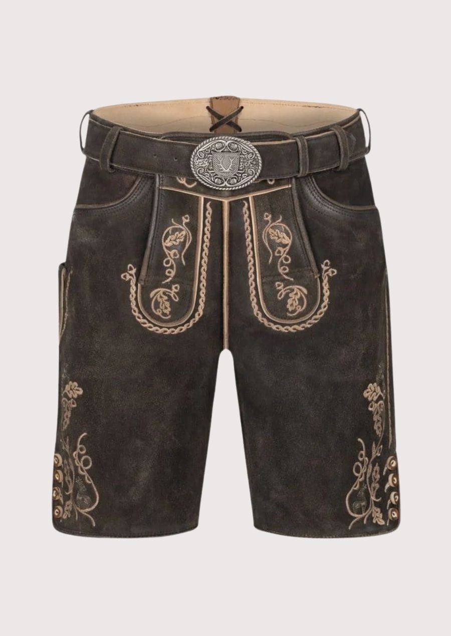 Bavarian men's lederhosen in dark brown suede with traditional tan embroidery and silver buckle – ideal for Oktoberfest and cultural events.
