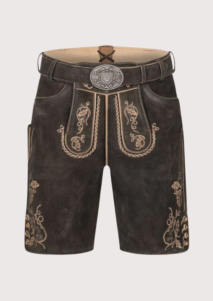 Bavarian men's lederhosen in dark brown suede with traditional tan embroidery and silver buckle – ideal for Oktoberfest and cultural events.