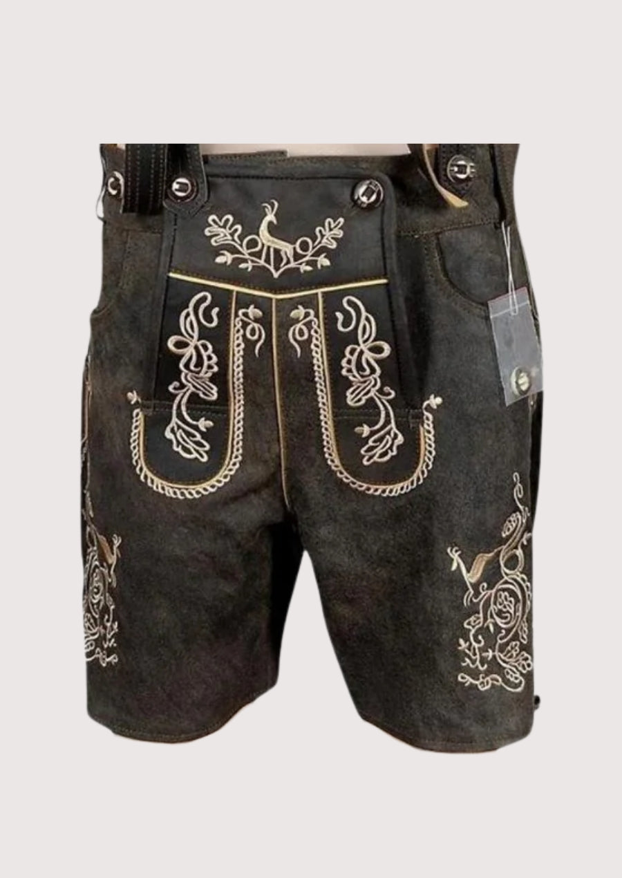Black shorts with white embroidery on a light gray background