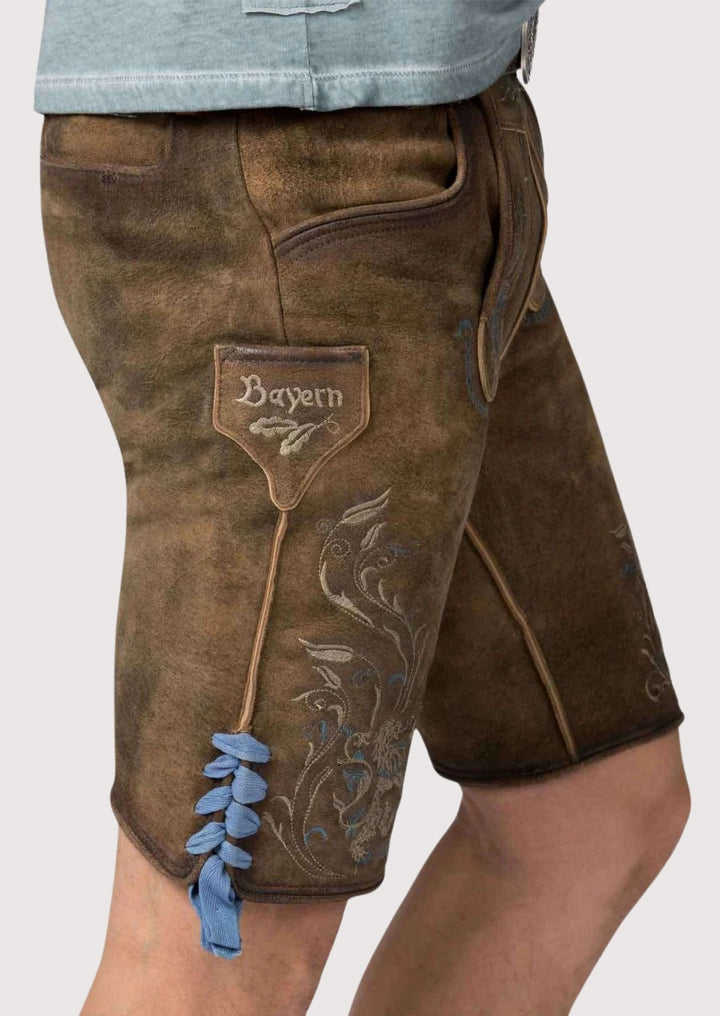 Classic alpine lederhosen blue stitch detail