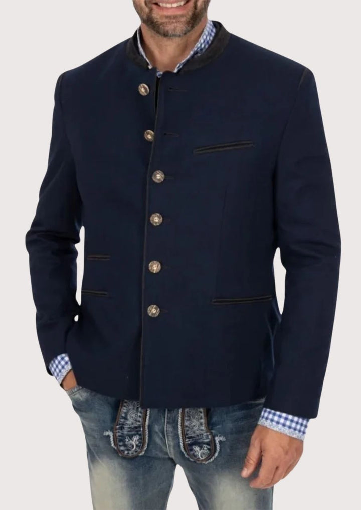 Traditional Bavarian men's jacket in navy with premium wool for warmth and comfort.