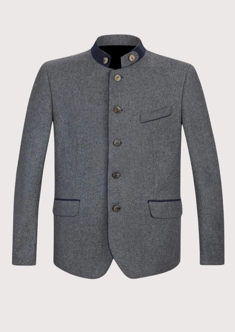Grey Bavarian Trachten jacket for men with navy stand-up collar and traditional horn buttons
