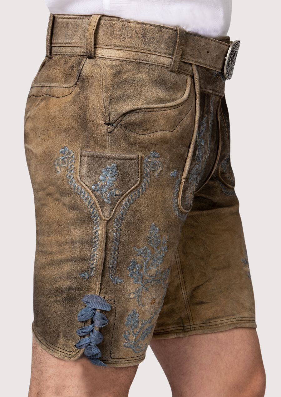 Bavarian tan lederhosen leather shorts with blue accents