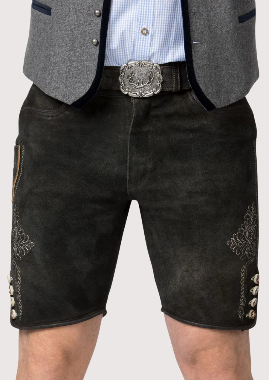 Black Bavarian lederhosen shorts with belt and classic traditional embroidery design