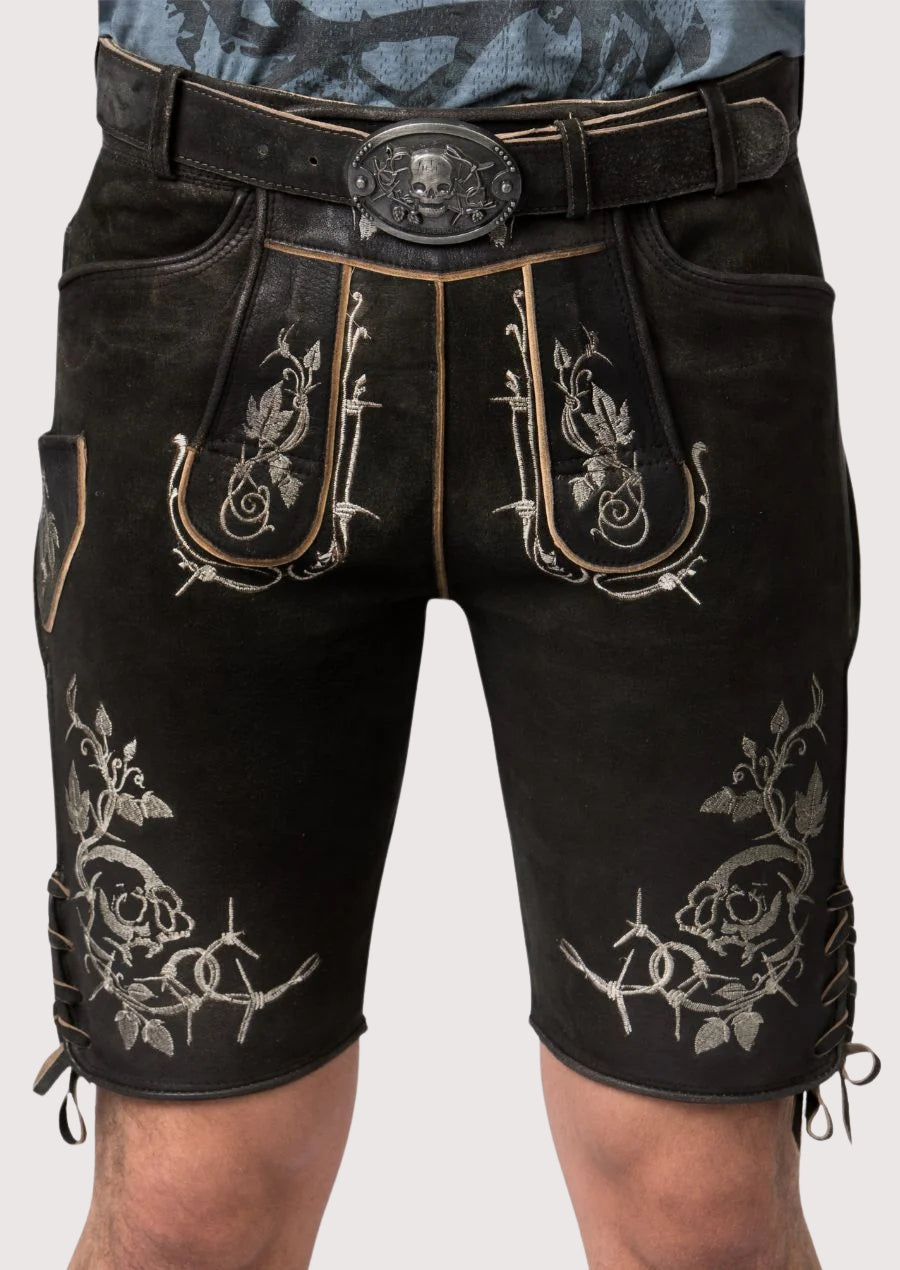 Black lederhosen with skull embroidery Bavarian shorts