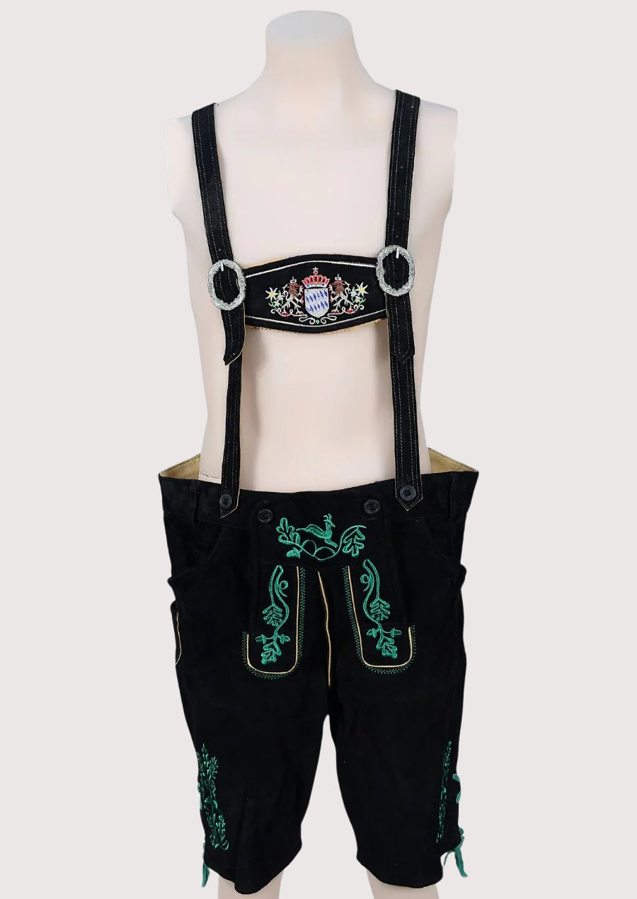 Black lederhosen with green embroidery and traditional Bavarian suspenders design