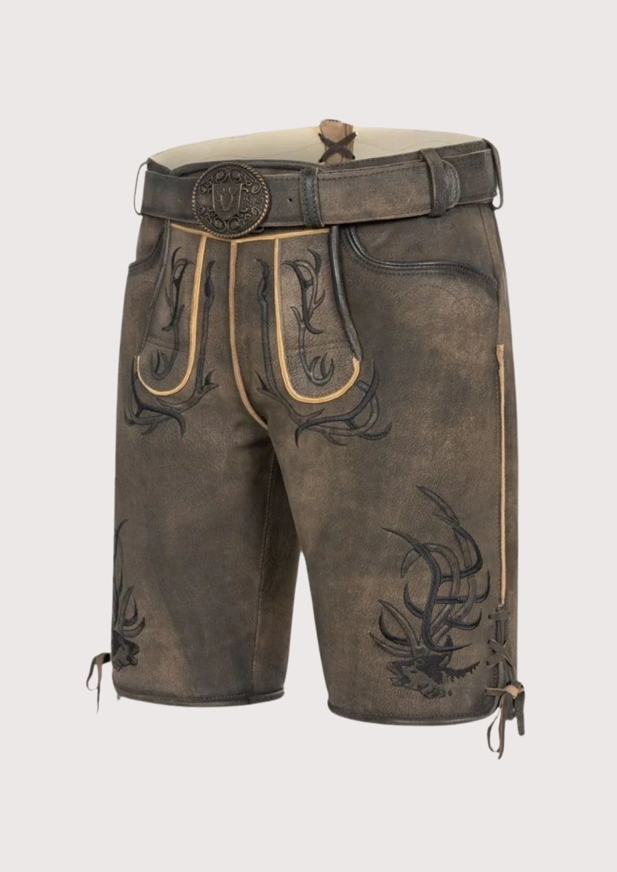 Brown Bavarian lederhosen shorts with antler embroidery and traditional leather belt buckle