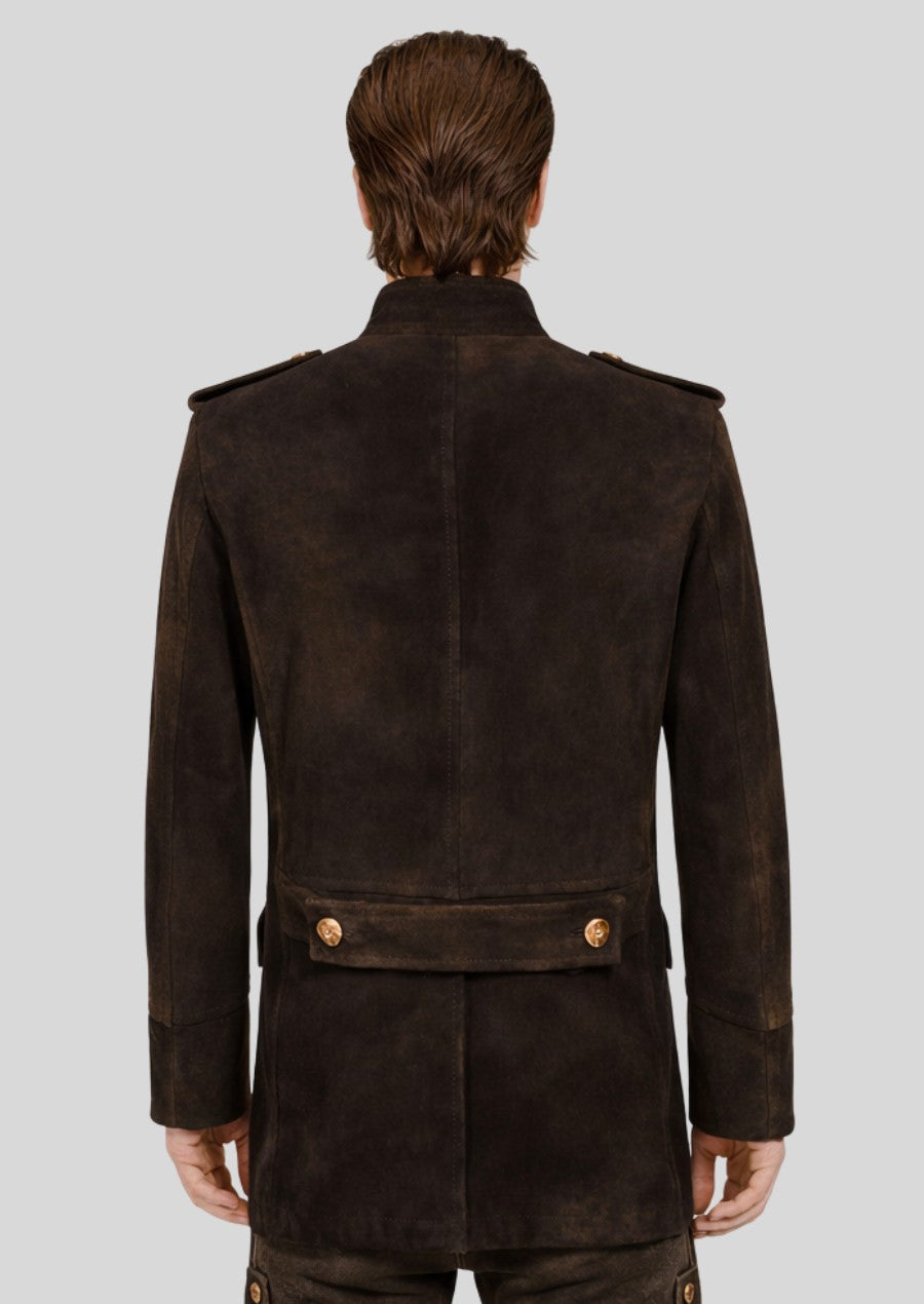 Authentic alpine men’s jacket in rich brown color styled with traditional Bavarian craftsmanship.
