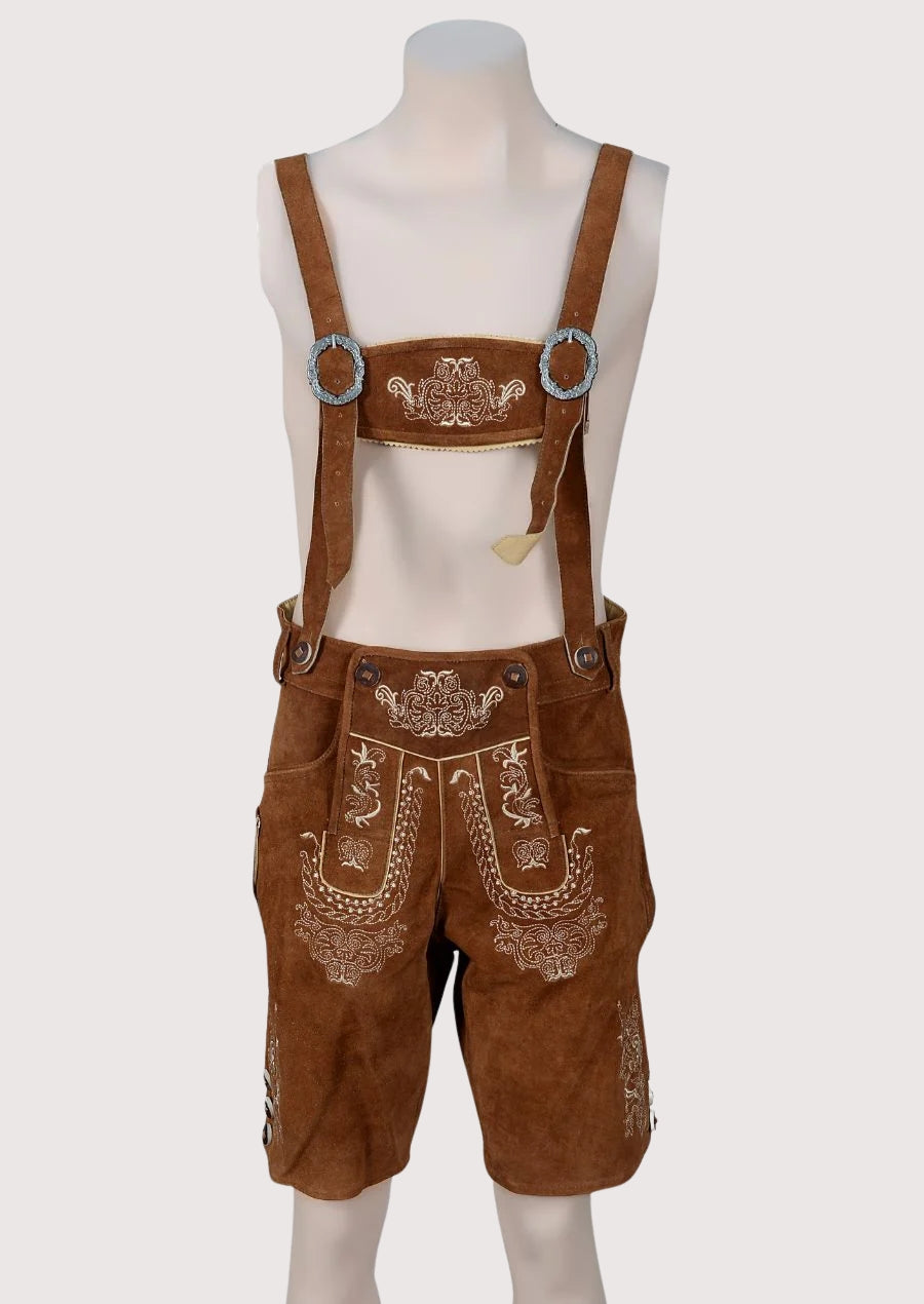 Classic brown lederhosen with traditional Bavarian embroidery, authentic leather shorts with suspenders for Oktoberfest wear.