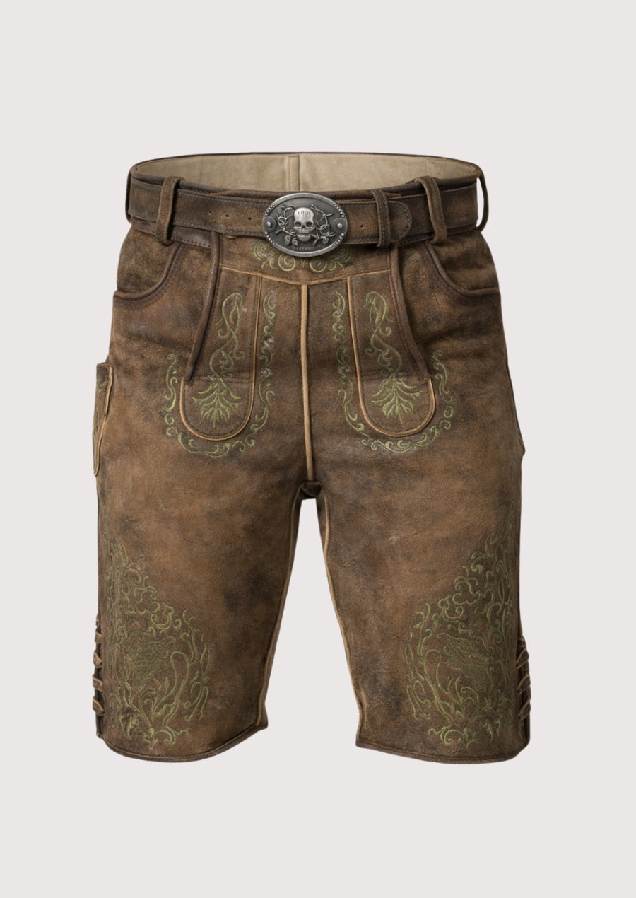 Brown leather shorts with intricate designs on a white background
