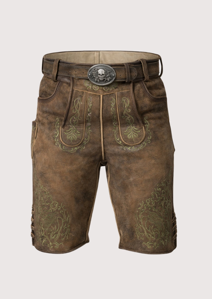 Brown leather shorts with intricate designs on a white background