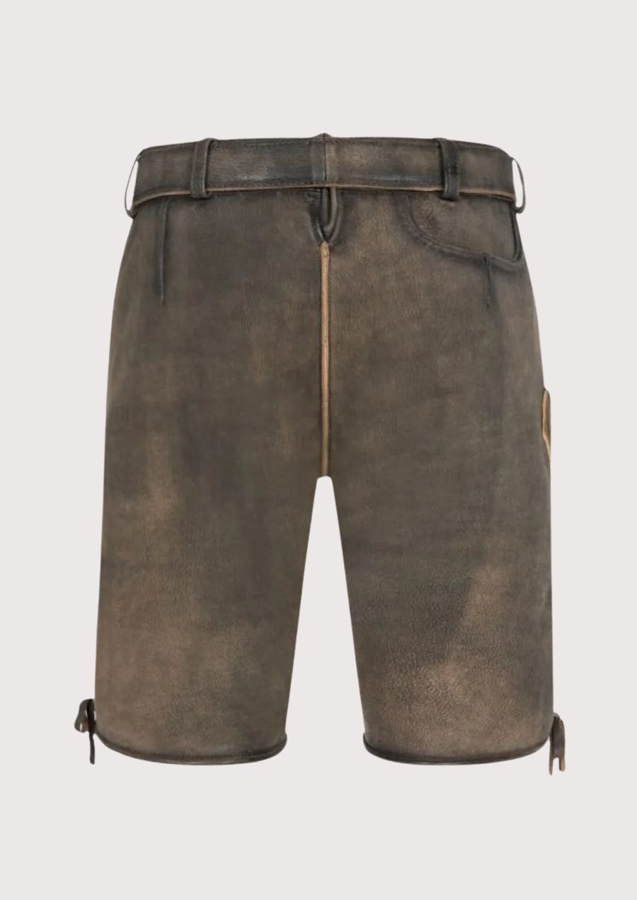 Classic German brown lederhosen shorts with alpine embroidery and traditional fit