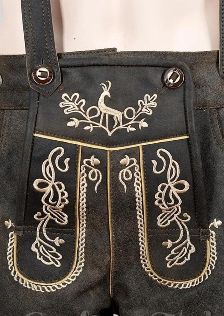 Classic German dark leather lederhosen featuring suspenders, decorative embroidery, authentic heritage design for Oktoberfest wear.