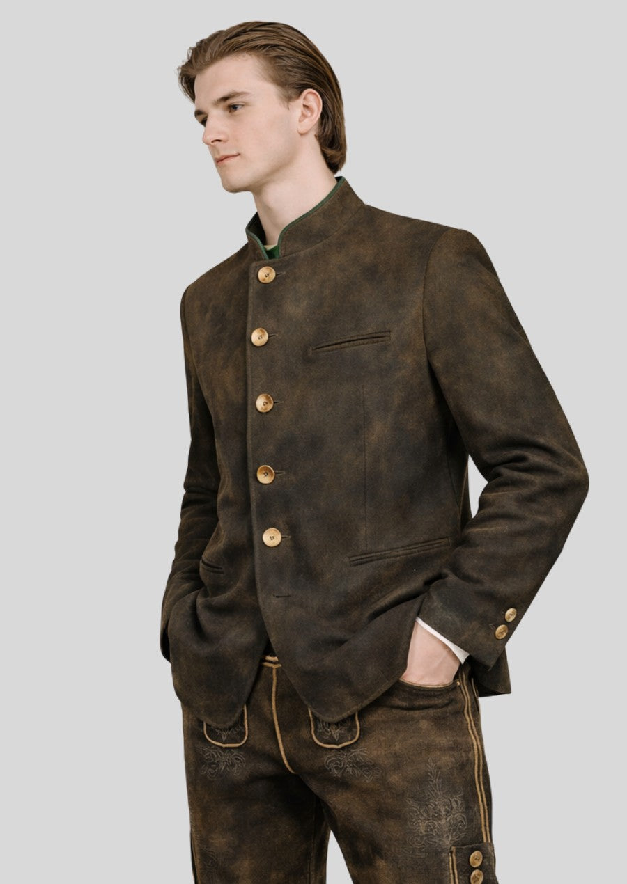 Traditional German men’s trachten jacket in rustic brown color featuring a structured fit and heritage design.
