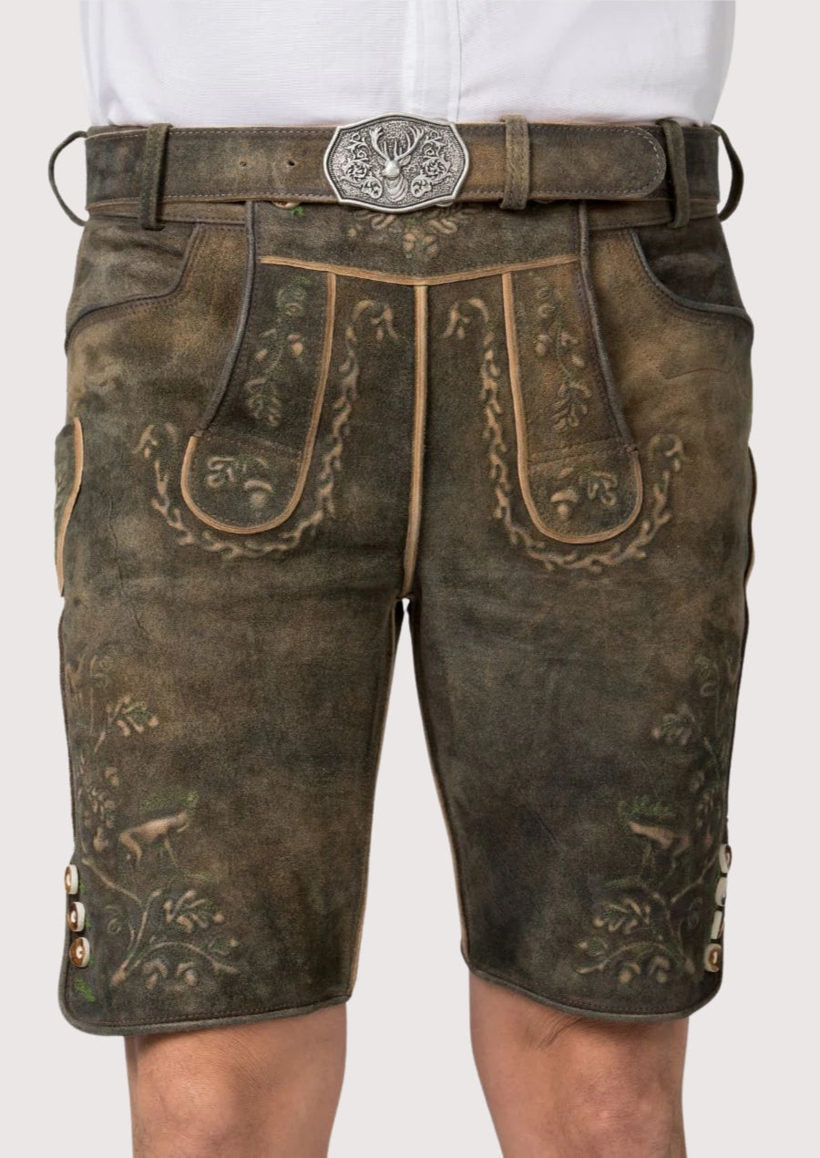 Classic green Bavarian lederhosen shorts with belt and embroidery