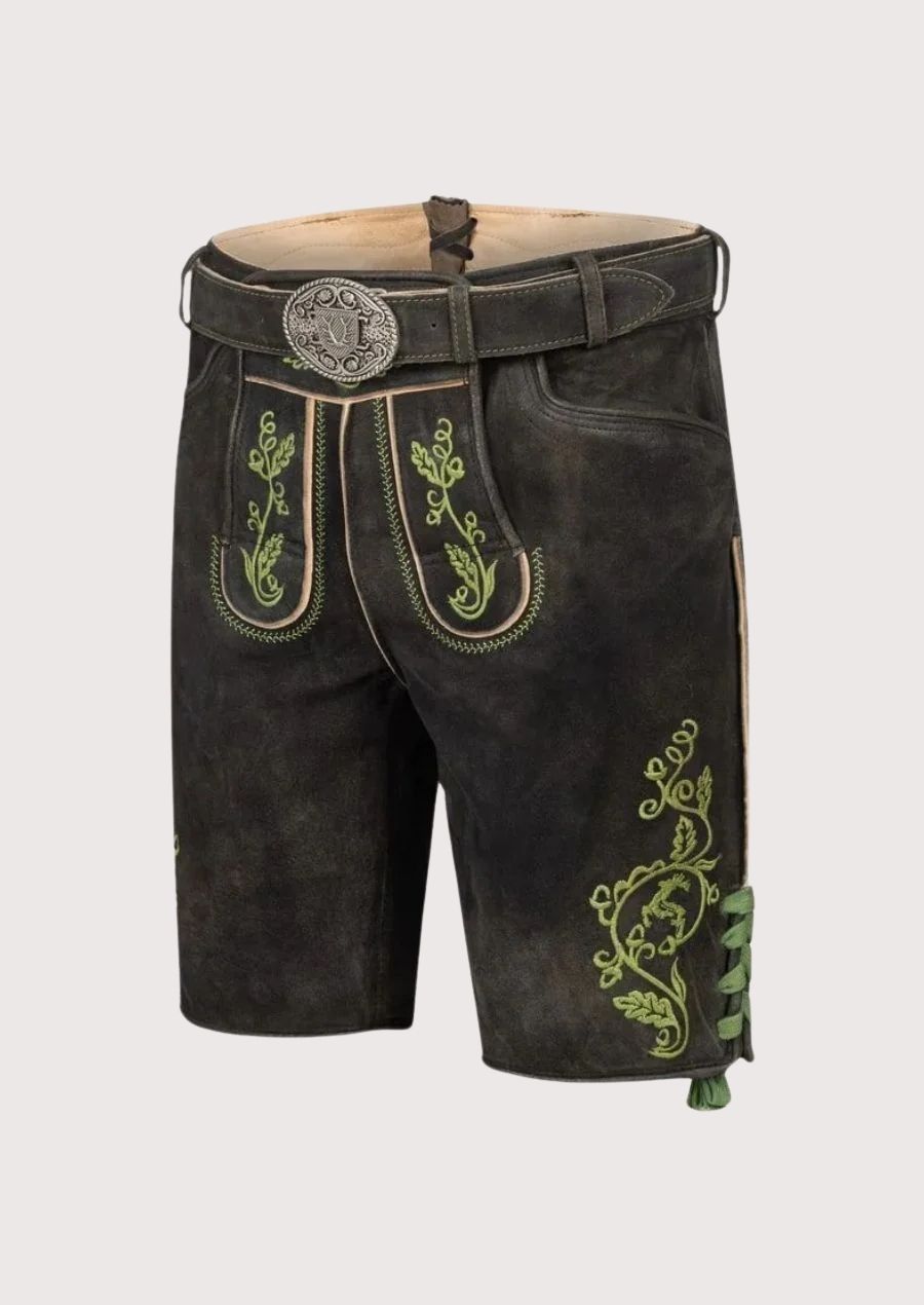 Premium leather Lederhosen for men with stylish green stitching, ideal for cultural events and Oktoberfest.