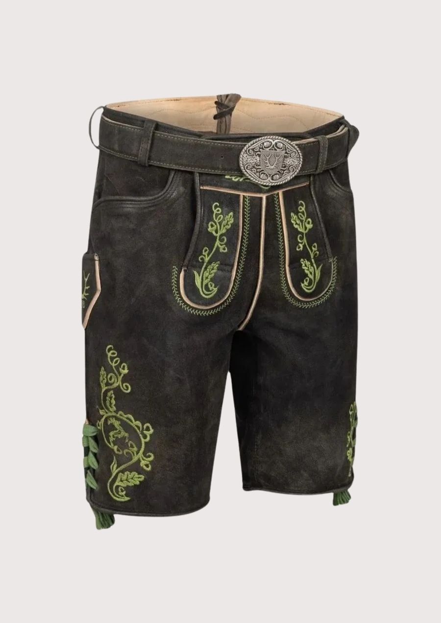 Traditional Bavarian leather shorts for men featuring intricate floral embroidery and adjustable belt.