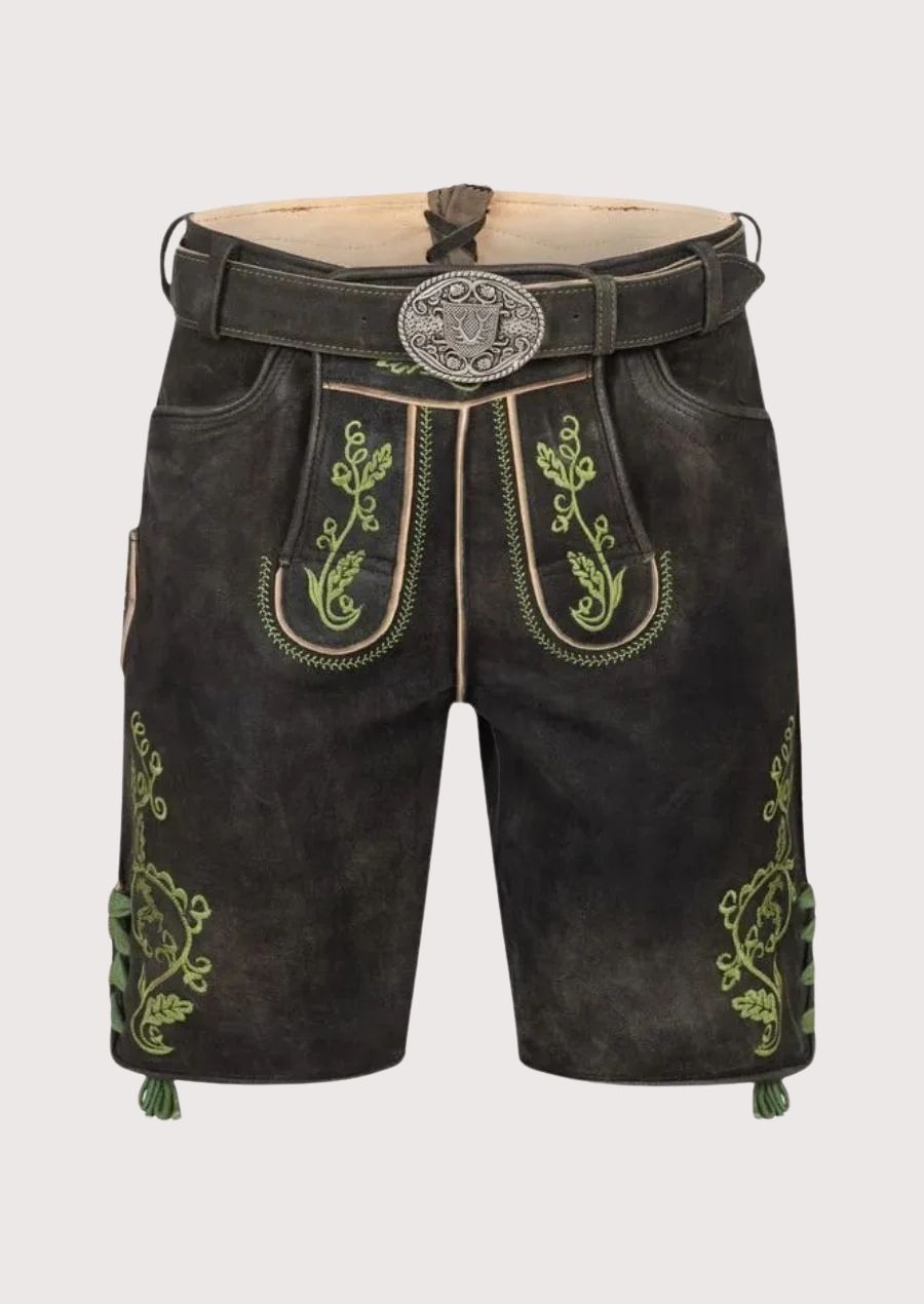 Classic Lederhosen for Men with green embroidery - perfect for Oktoberfest celebrations.
