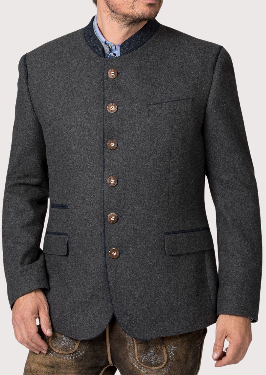 Classic men’s Trachten jacket in charcoal wool with traditional Bavarian buttons and elegant stand-up collar
