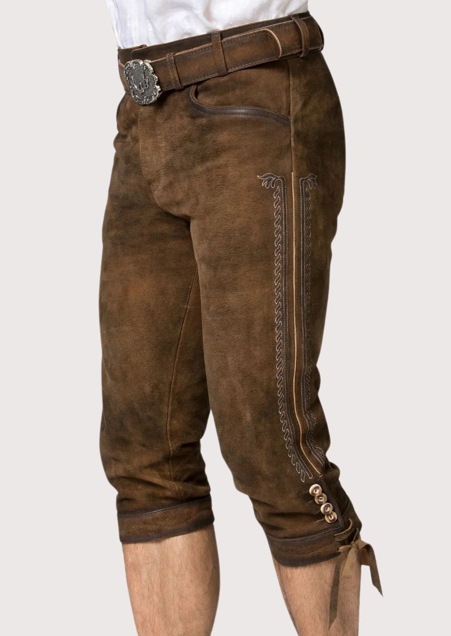 Premium leather Bundhosen for men, featuring adjustable cuffs, hand-stitched embroidery, and a traditional winter design.