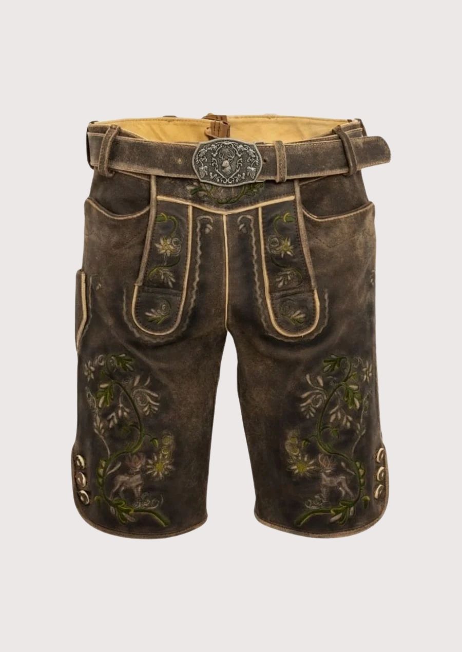 Classic Bavarian men's lederhosen with floral embroidery for Oktoberfest 2025
