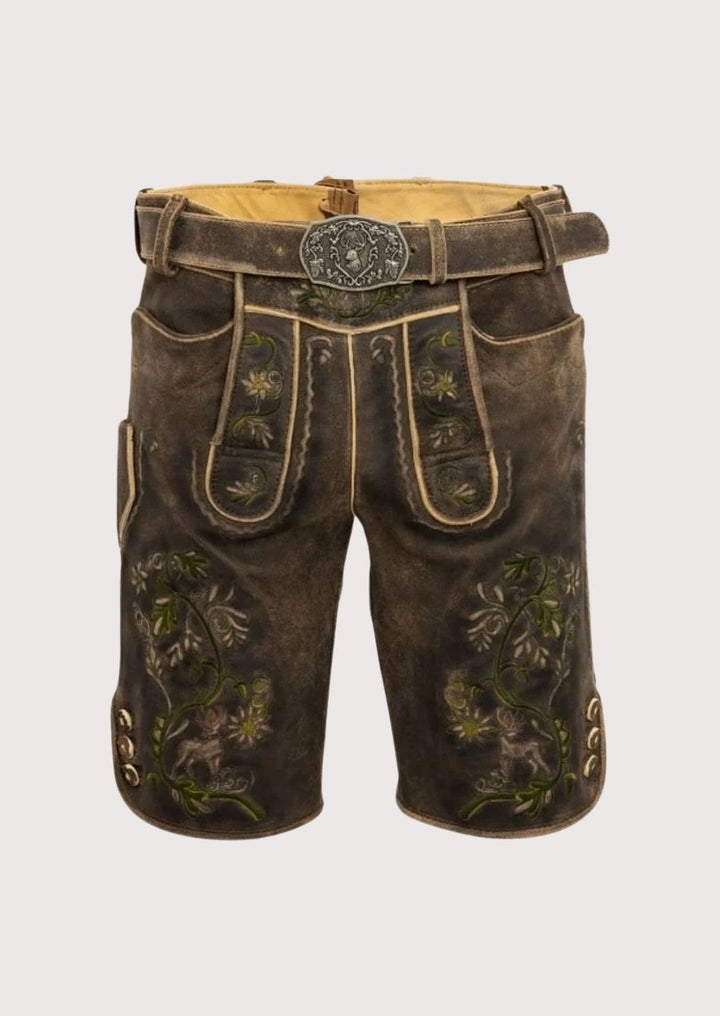 Classic Bavarian men's lederhosen with floral embroidery for Oktoberfest 2025