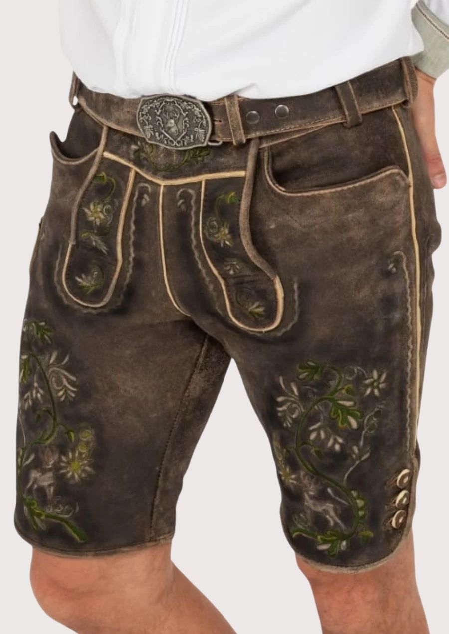 Authentic German leather lederhosen shorts for men with traditional belt and buckle

