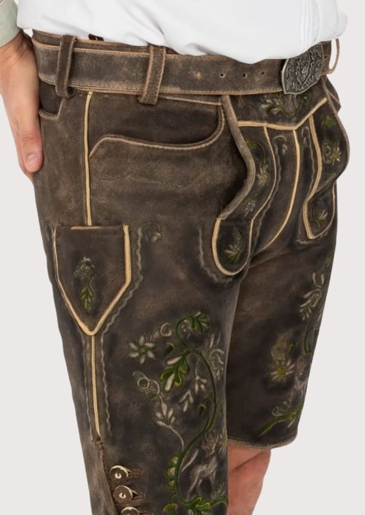 Premium brown men's lederhosen crafted from real suede leather for festival wear

