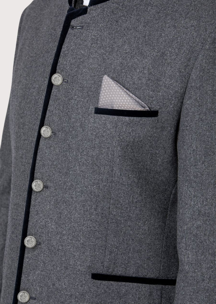  Featuring elegant leather collar and wooden buttons, this jacket blends German tradition with contemporary fashion.