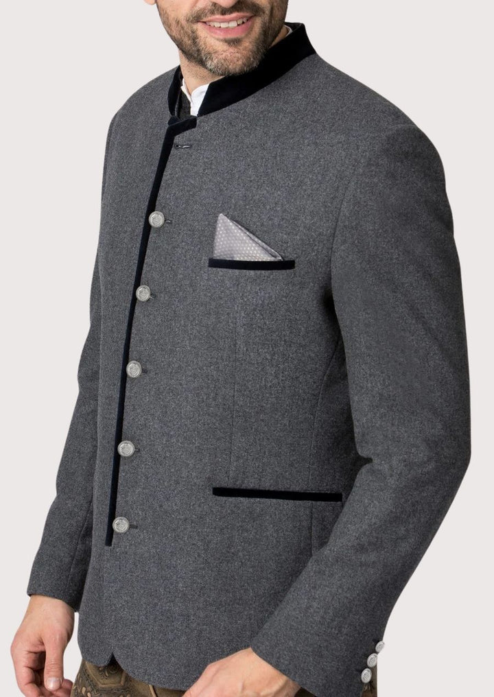 A timeless grey wool jacket with tailored fit, ideal for traditional and modern styling in fall and winter weather.