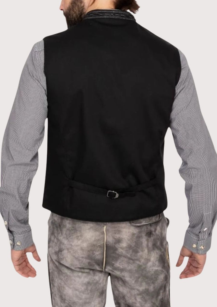 Traditional Bavarian vest for men in dark grey with front pockets, ideal for Oktoberfest and cultural gatherings.